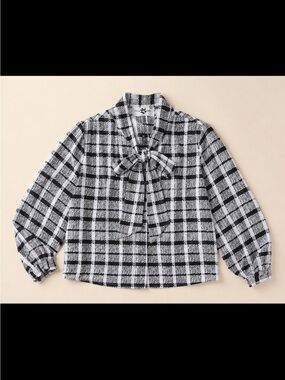 Vintage The Bay Plaid Bow Blouse Black White Secretary Tie Preppy Retro 80s